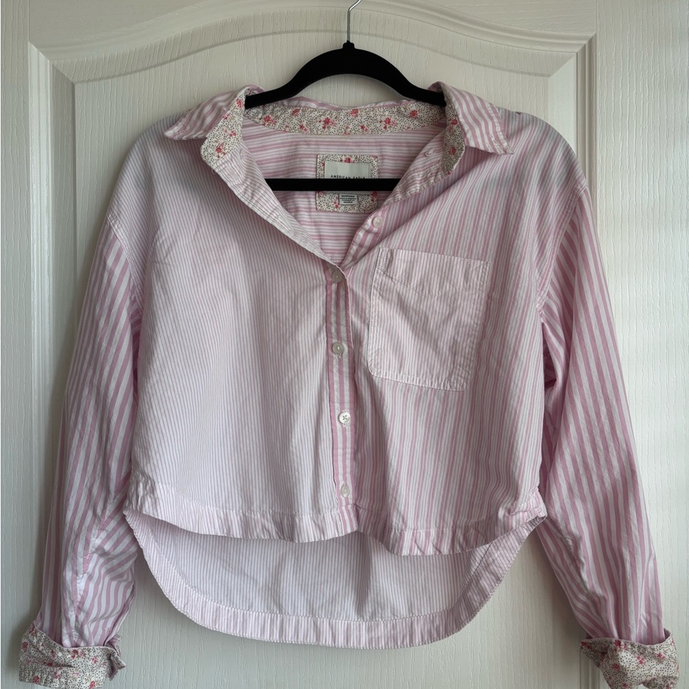 American Eagle Pink Striped Button Down Shirt
